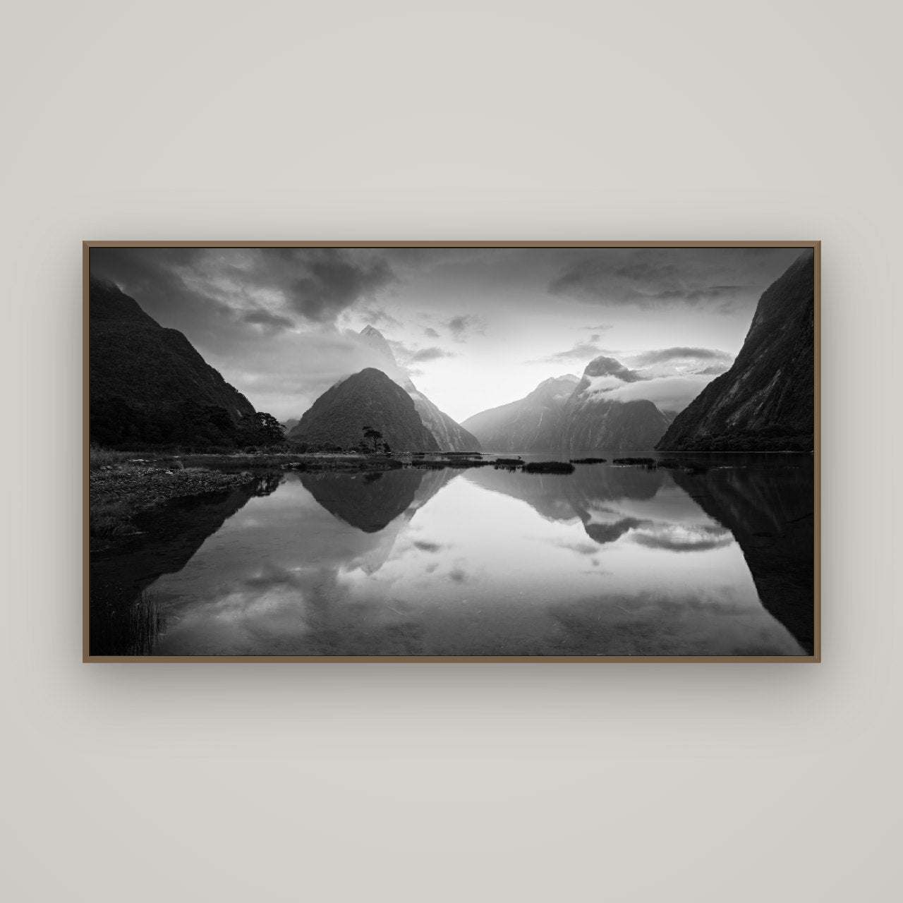 Mitre Peak, Milford Sound, Basel Walnut, 160×90 cm. New Zealand fine art wall art by Stephen Milner.