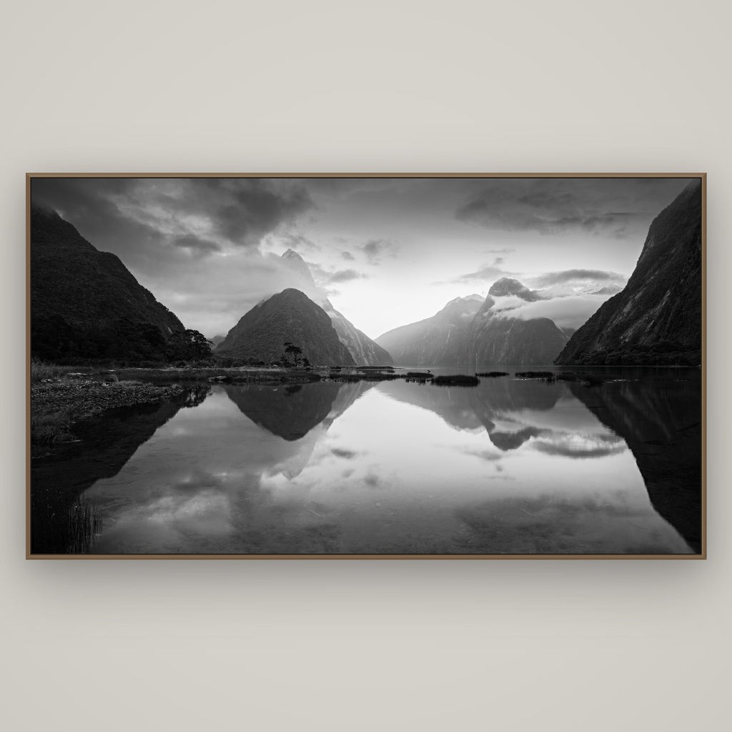 Mitre Peak, Milford Sound, Basel Walnut, 196×110 cm. New Zealand fine art wall art by Stephen Milner.