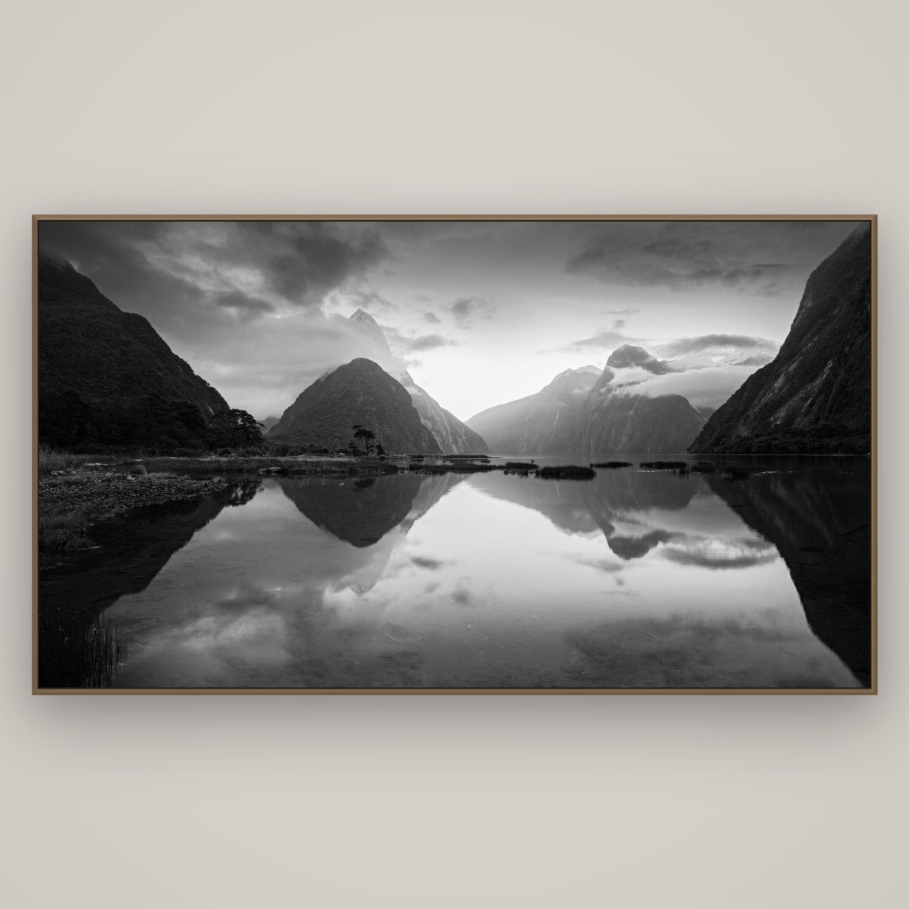 Mitre Peak, Milford Sound, Basel Walnut, 196×110 cm. New Zealand fine art wall art by Stephen Milner.