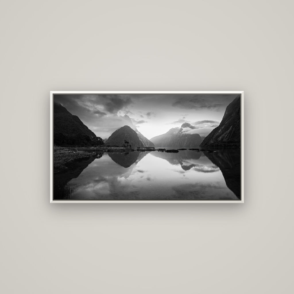 Mitre Peak, Milford Sound — Basel White, 107×60 cm. New Zealand fine art wall art by Stephen Milner.