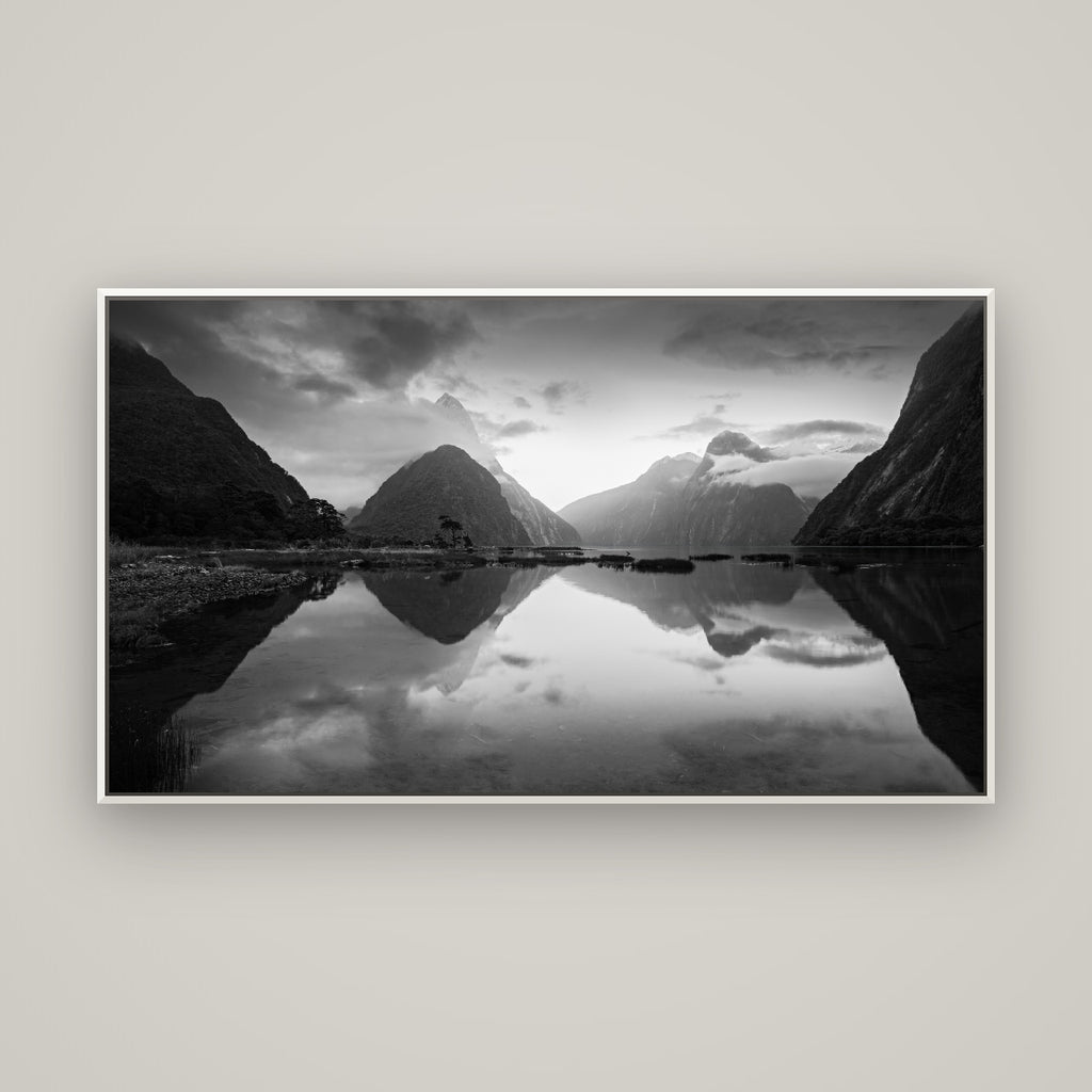 Mitre Peak, Milford Sound — Basel White, 160×90 cm. New Zealand fine art wall art by Stephen Milner.