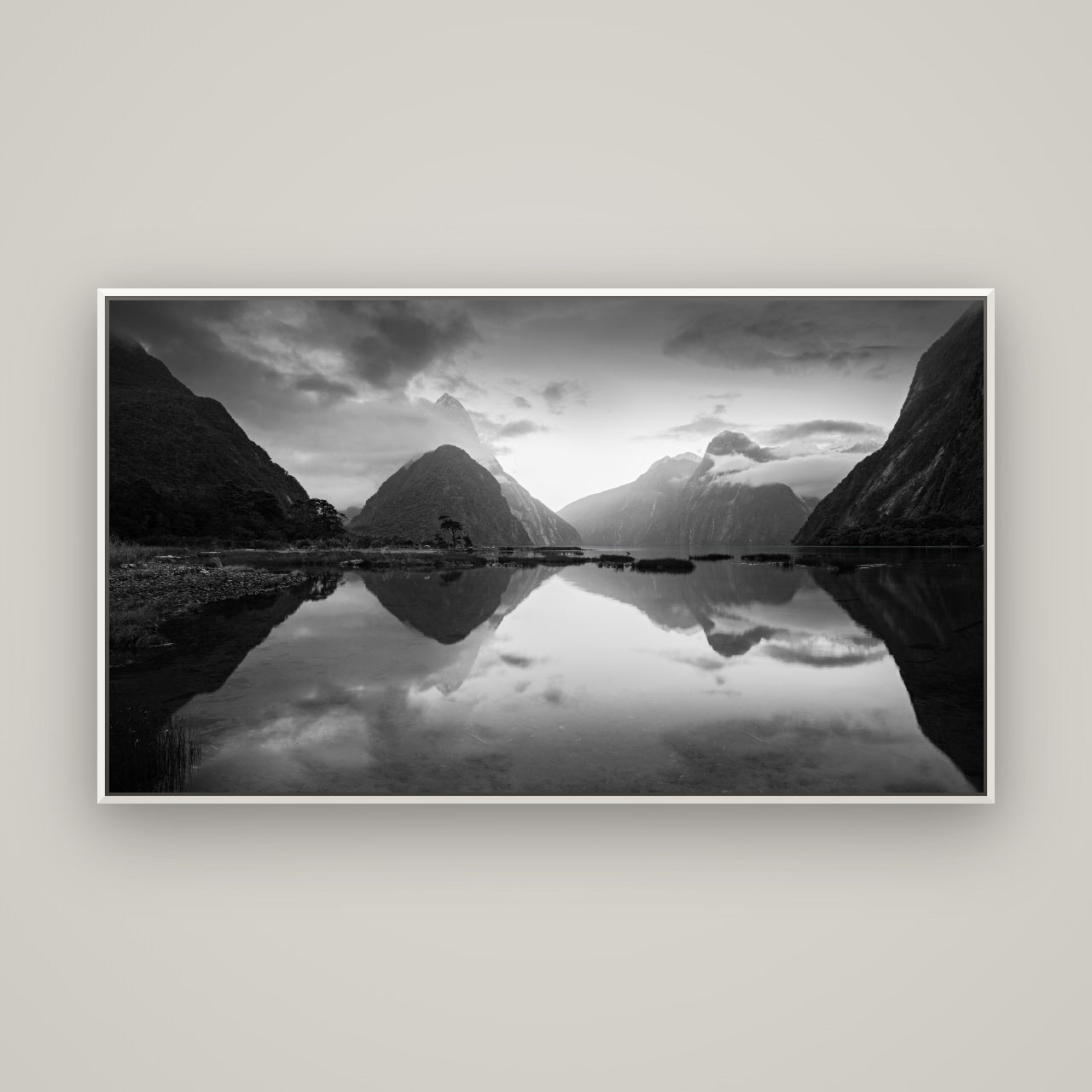 Mitre Peak, Milford Sound — Basel White, 160×90 cm. New Zealand fine art wall art by Stephen Milner.