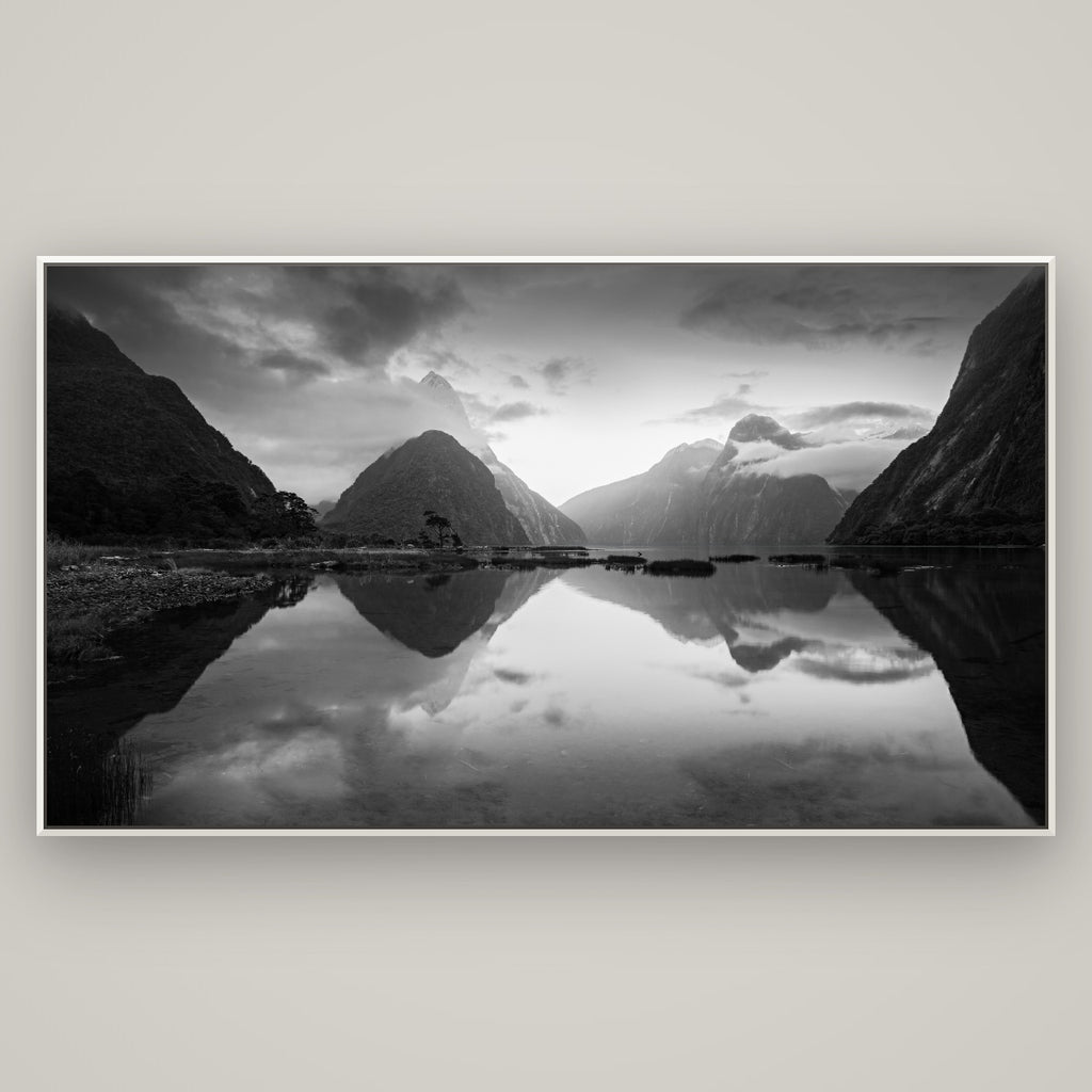 Mitre Peak, Milford Sound — Basel White, 196×110 cm. New Zealand fine art wall art by Stephen Milner.