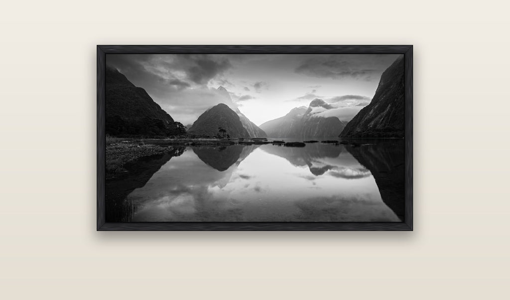 Mitre Peak, Milford Sound — black float frame framed canvas print. New Zealand fine art landscape wall art by Stephen Milner.