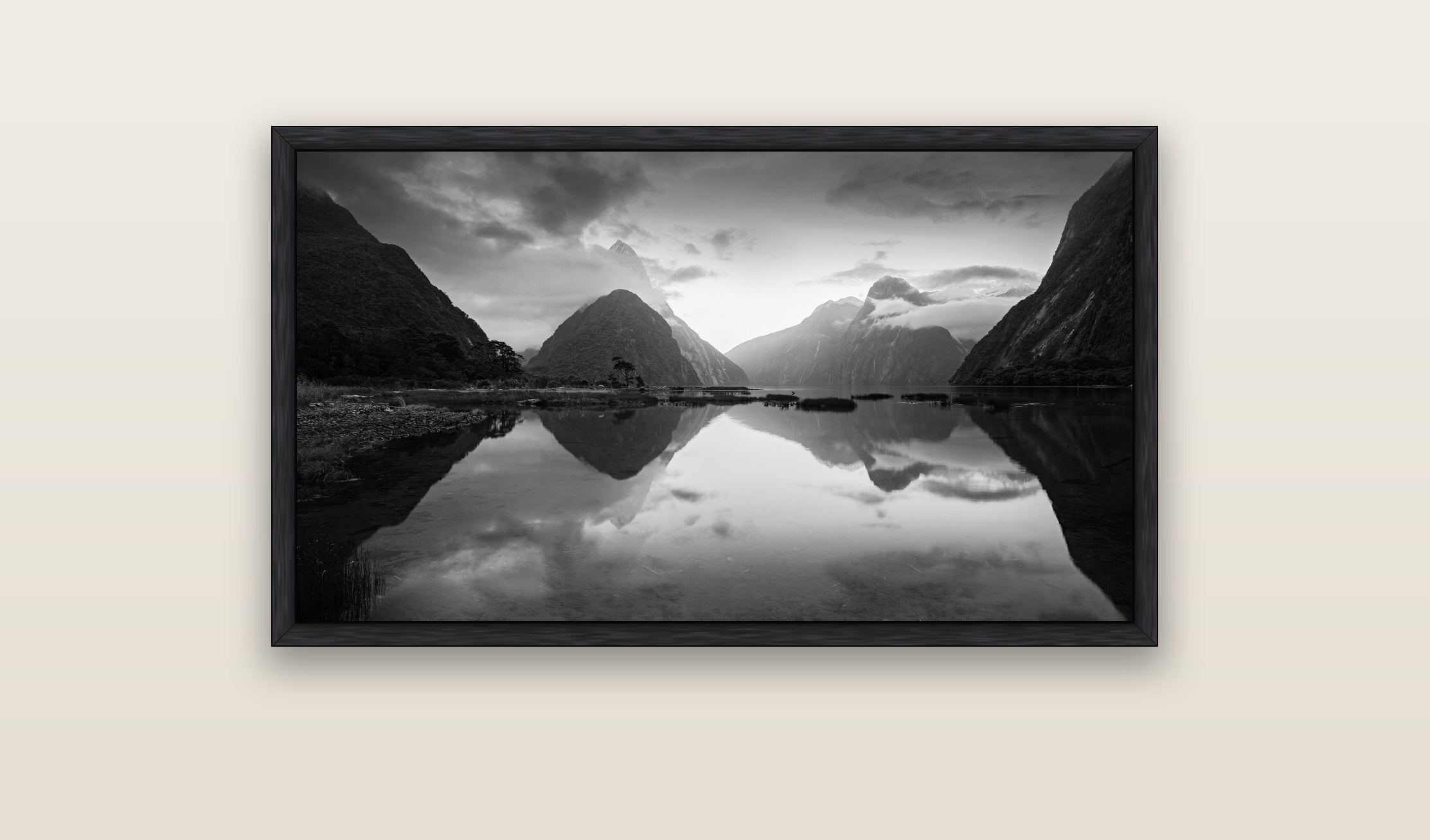 Mitre Peak, Milford Sound — black float frame framed canvas print. New Zealand fine art landscape wall art by Stephen Milner.