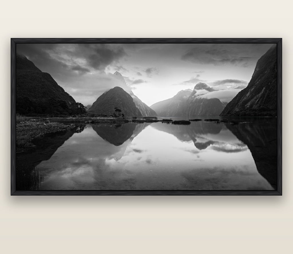Mitre Peak, Milford Sound — black float frame canvas, 200 × 130 cm. New Zealand fine art landscape wall art by Stephen Milner.