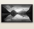 Mitre Peak, Milford Sound — black float frame canvas, 200 × 130 cm. New Zealand fine art landscape wall art by Stephen Milner.