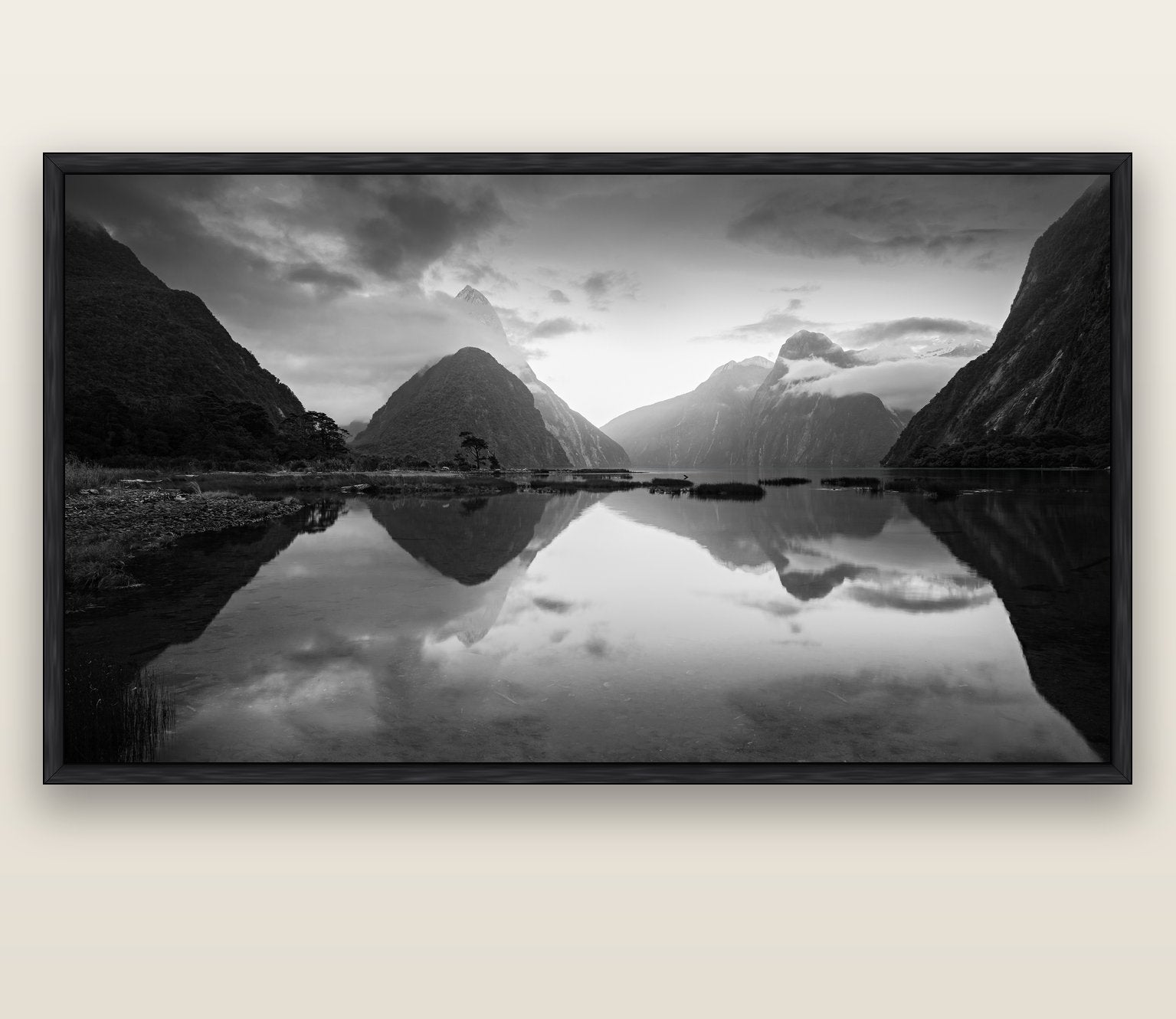 Mitre Peak, Milford Sound — black float frame canvas, 200 × 130 cm. New Zealand fine art landscape wall art by Stephen Milner.
