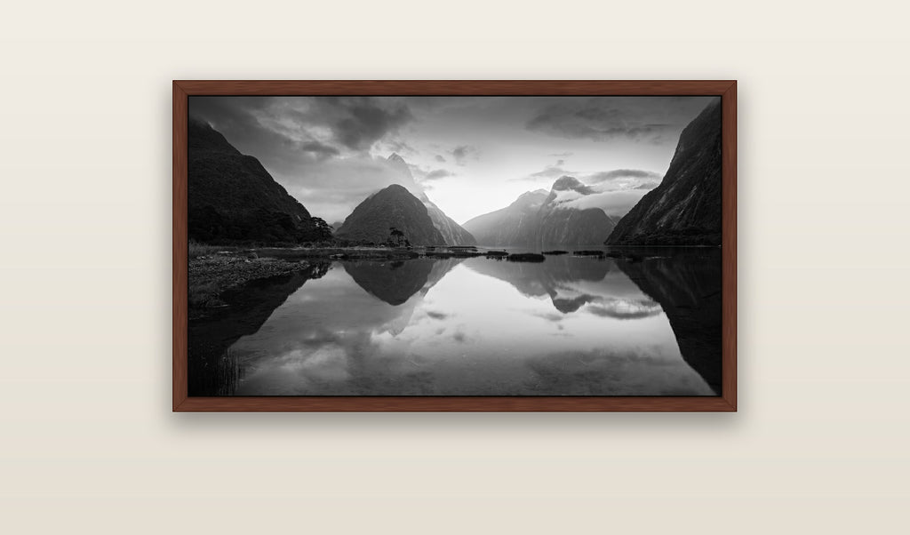 Mitre Peak, Milford Sound — brown float frame framed canvas print. New Zealand fine art landscape wall art by Stephen Milner.