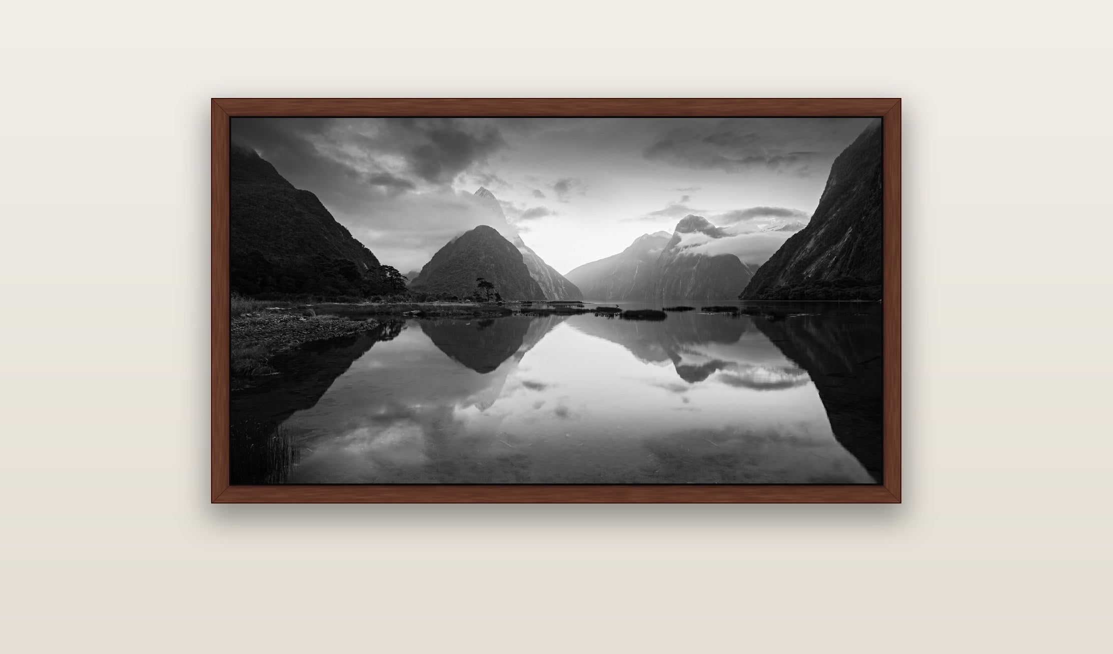 Mitre Peak, Milford Sound — brown float frame framed canvas print. New Zealand fine art landscape wall art by Stephen Milner.