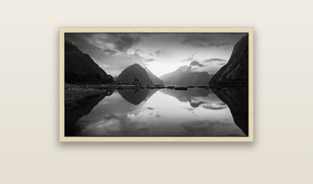 Mitre Peak, Milford Sound — natural float frame framed canvas print. New Zealand fine art landscape wall art by Stephen Milner.