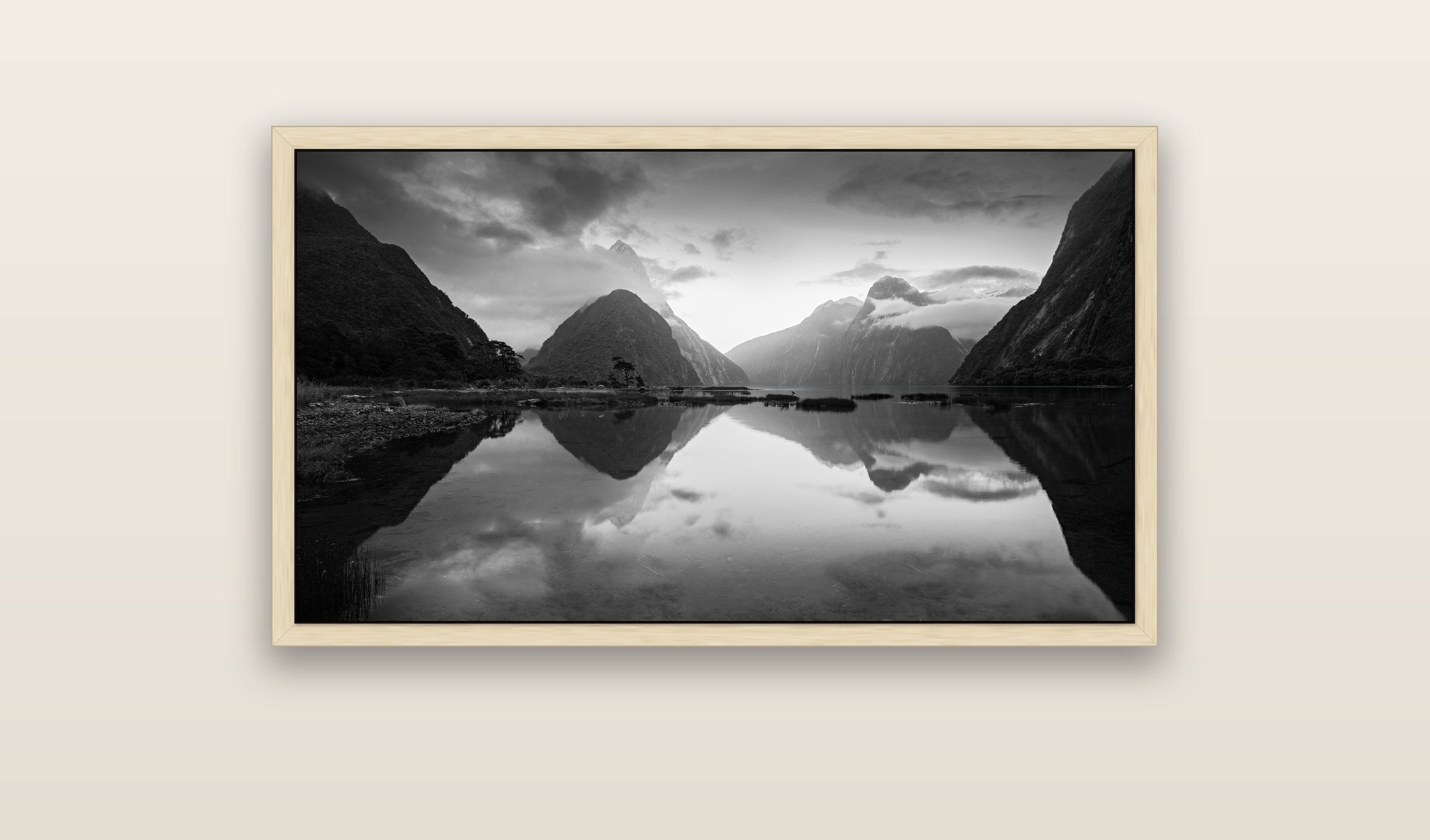 Mitre Peak, Milford Sound — natural float frame framed canvas print. New Zealand fine art landscape wall art by Stephen Milner.