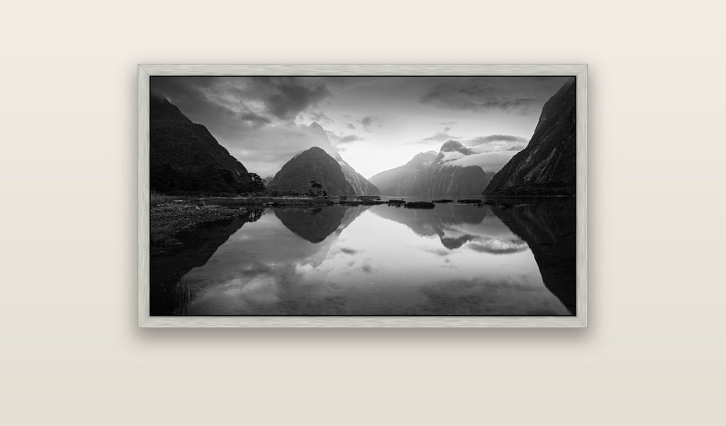 Mitre Peak, Milford Sound — silver float frame framed canvas print. New Zealand fine art landscape wall art by Stephen Milner.