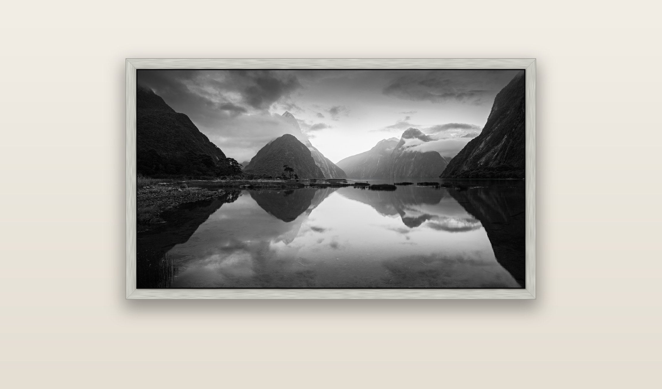 Mitre Peak, Milford Sound — silver float frame framed canvas print. New Zealand fine art landscape wall art by Stephen Milner.
