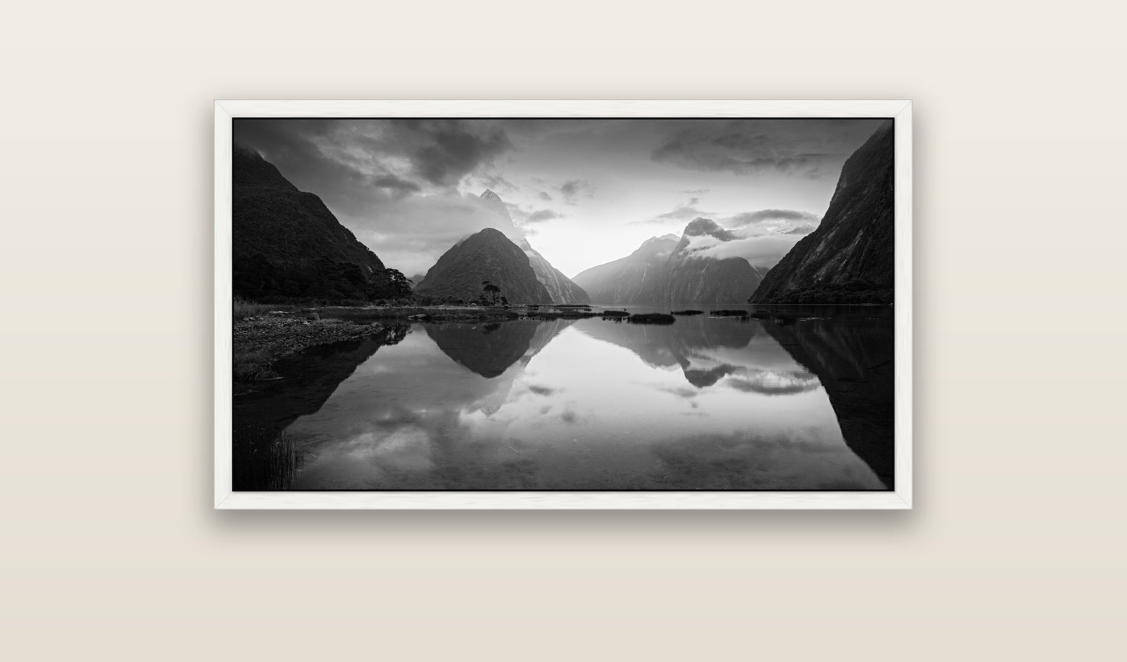 Mitre Peak, Milford Sound — white float frame framed canvas print. New Zealand fine art landscape wall art by Stephen Milner.