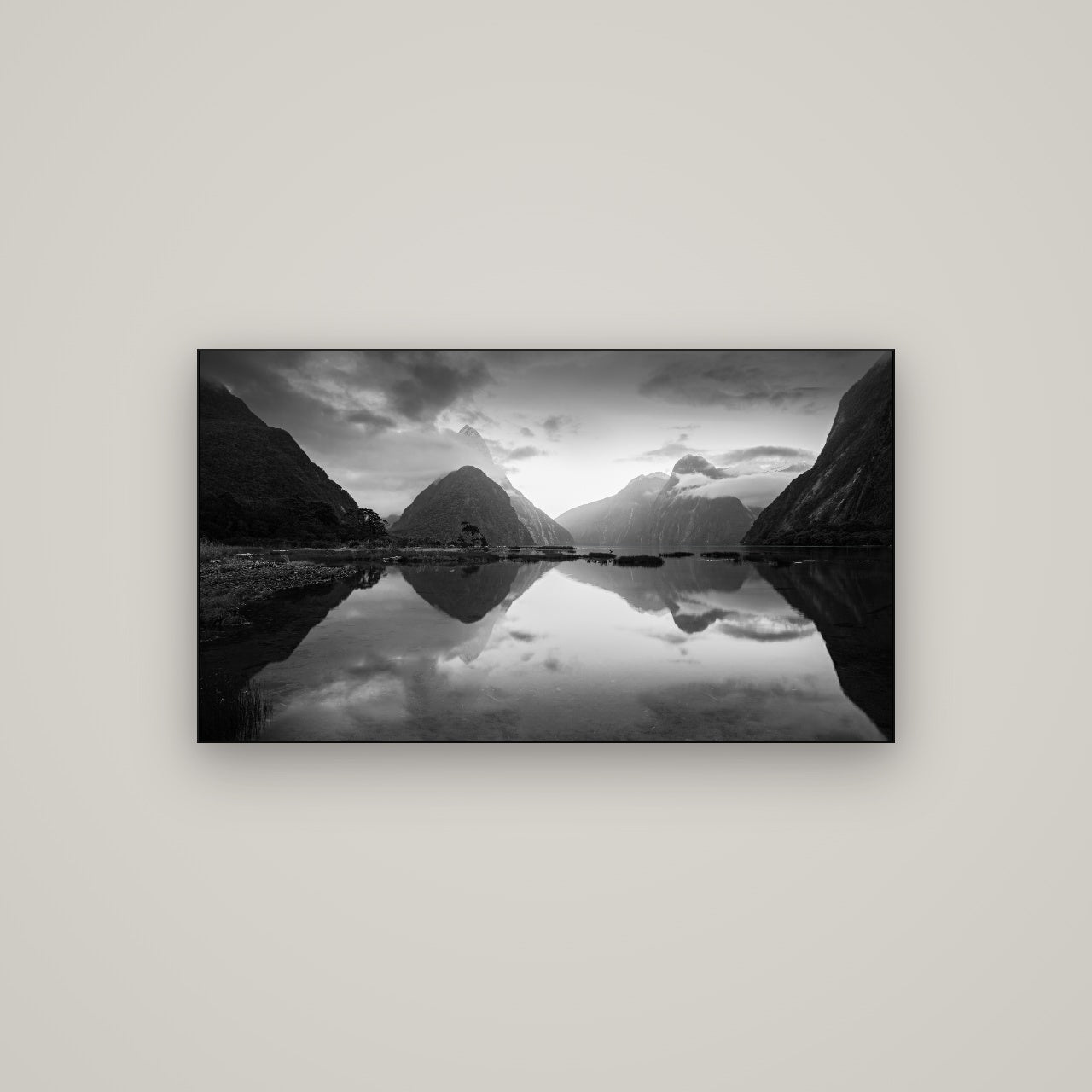 Mitre Peak, Milford Sound — Slimline Black, 107×60 cm. New Zealand fine art wall art by Stephen Milner.