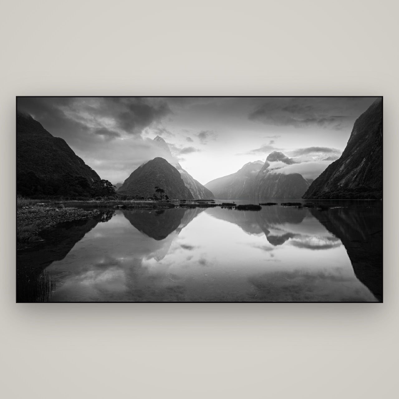 Mitre Peak, Milford Sound — Slimline Black, 196×110 cm. New Zealand fine art wall art by Stephen Milner.