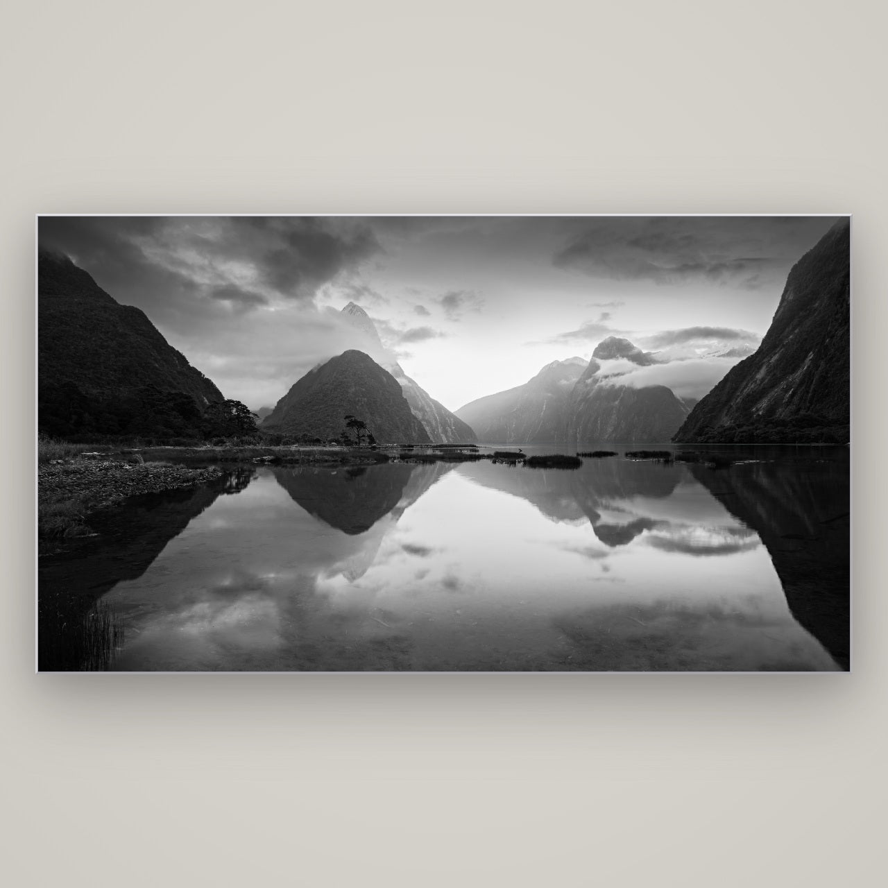 Mitre Peak, Milford Sound — Slimline Silver, 196×110 cm. New Zealand fine art wall art by Stephen Milner.