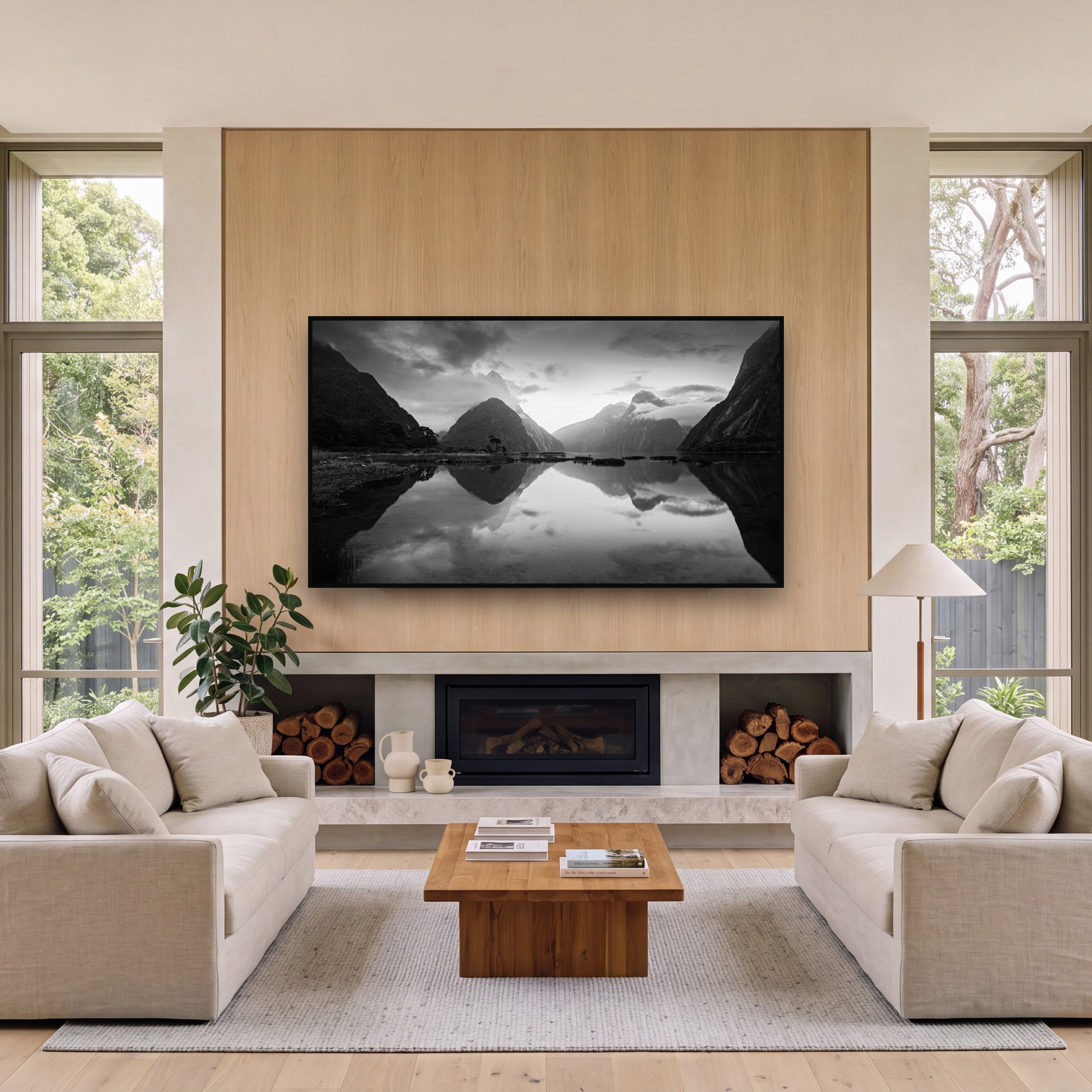 Mitre Peak, Milford Sound shown as large black and white wall art in a styled interior. Fine art landscape photography by Stephen Milner.
