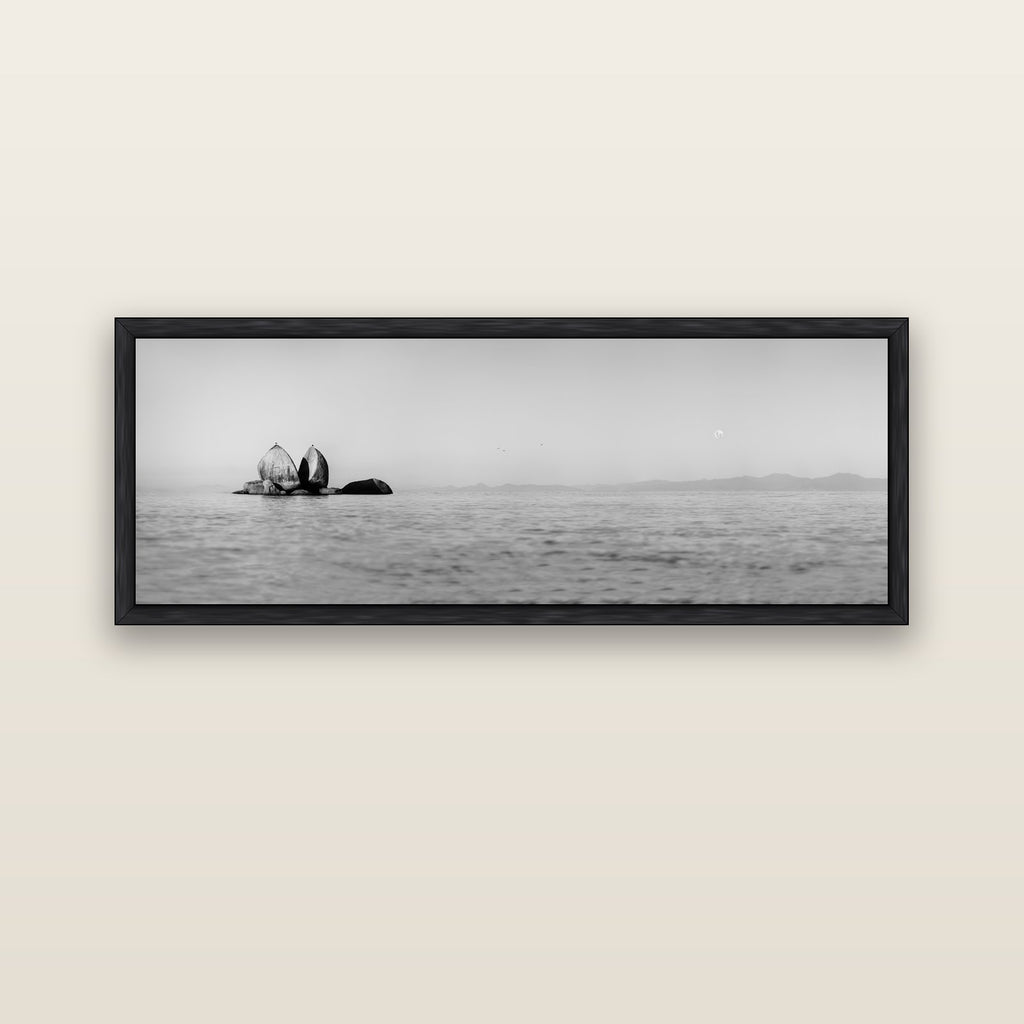 Moonlit Serenity, Split Apple's Secret — black float frame canvas, 152 × 56 cm. New Zealand fine art landscape wall art by Stephen Milner.