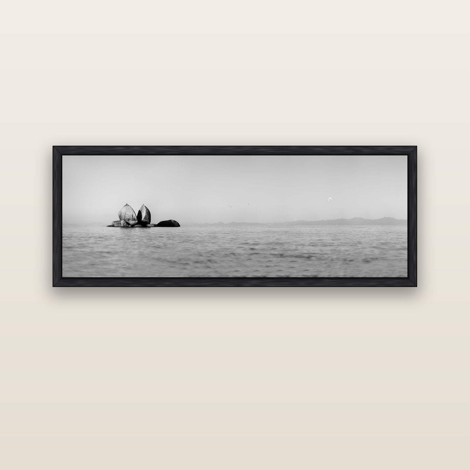 Moonlit Serenity, Split Apple's Secret — black float frame canvas, 152 × 56 cm. New Zealand fine art landscape wall art by Stephen Milner.