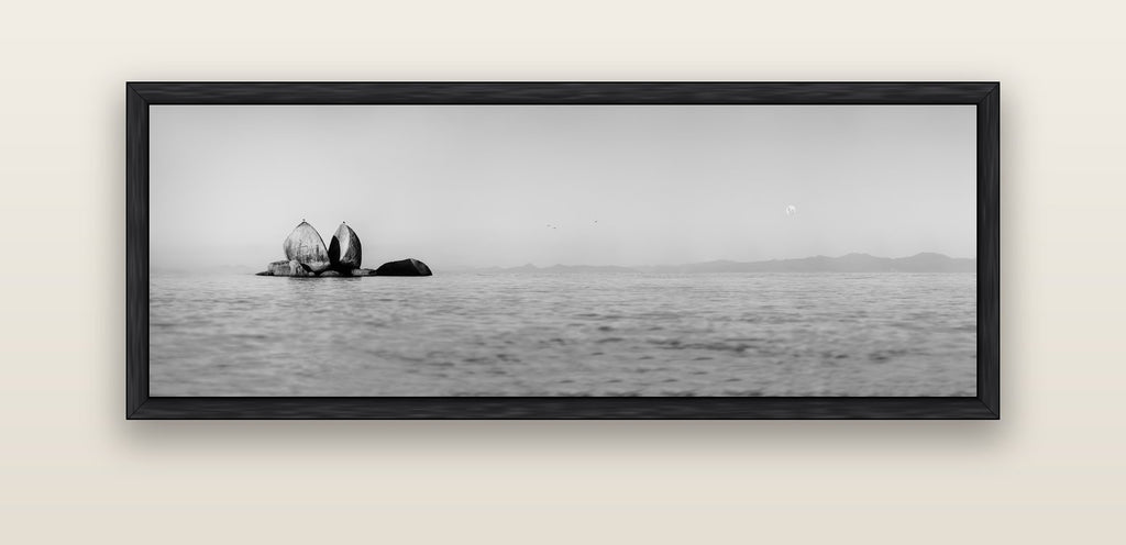 Moonlit Serenity, Split Apple's Secret — black float frame canvas, 152 × 56 cm. New Zealand fine art landscape wall art by Stephen Milner.