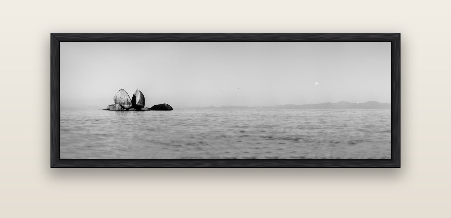 Moonlit Serenity, Split Apple's Secret — black float frame canvas, 152 × 56 cm. New Zealand fine art landscape wall art by Stephen Milner.