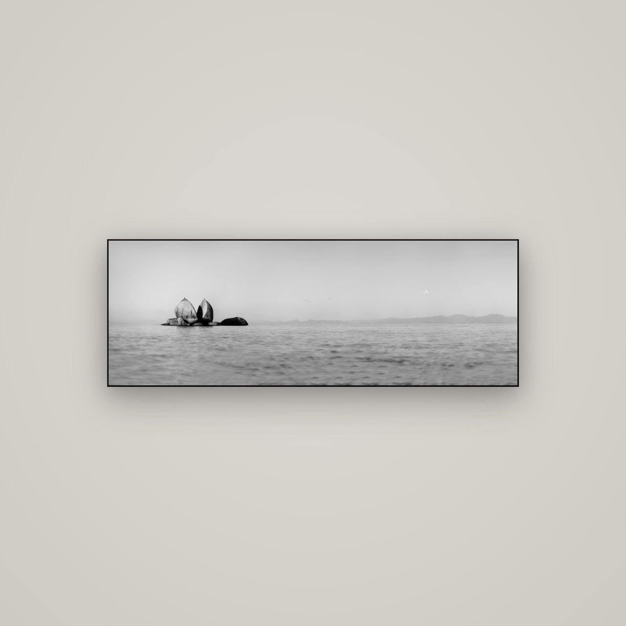 Moonlit Serenity, Split Apple's Secret — Slimline Black, 113×40 cm. New Zealand fine art wall art by Stephen Milner.