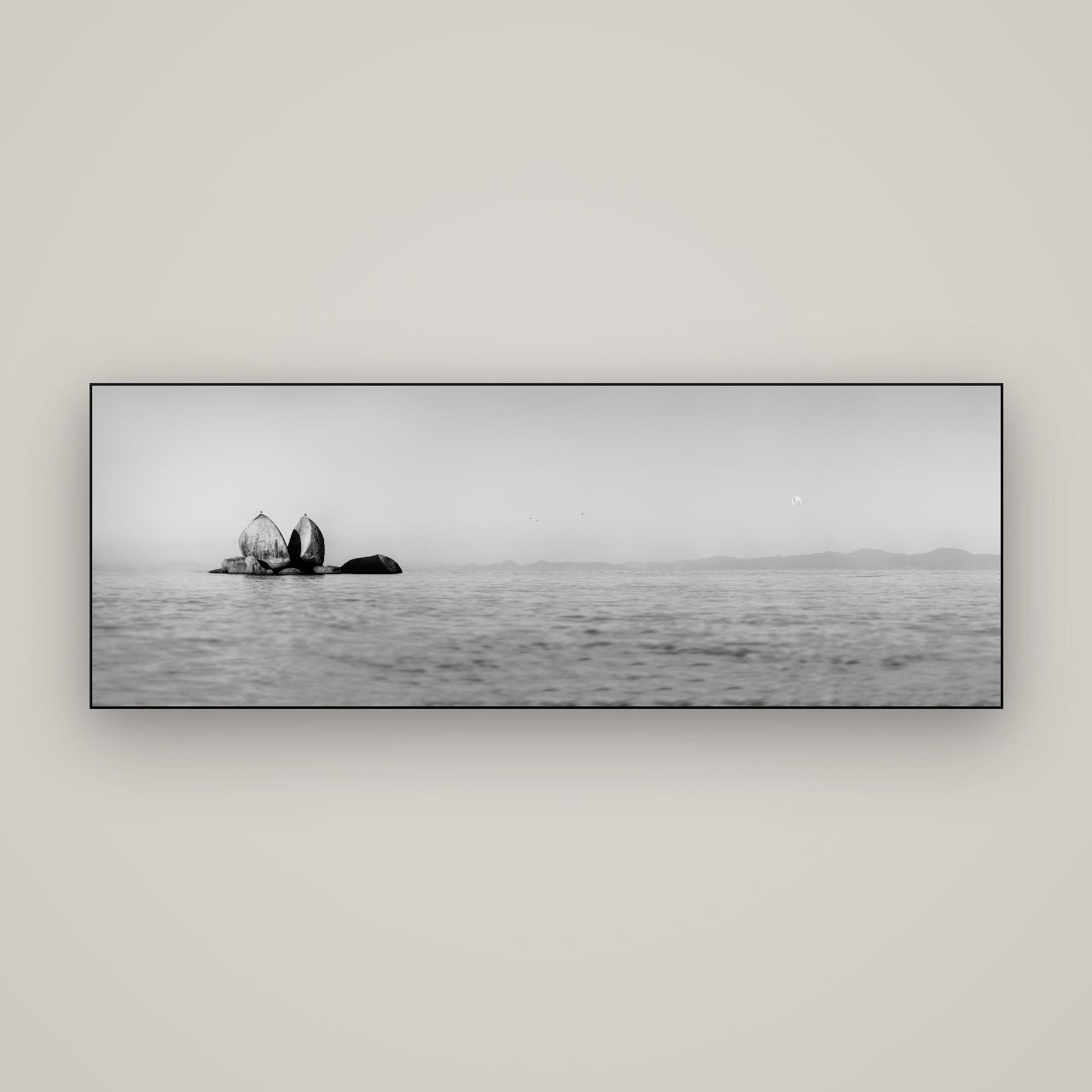 Moonlit Serenity, Split Apple's Secret — Slimline Black, 170×60 cm. New Zealand fine art wall art by Stephen Milner.