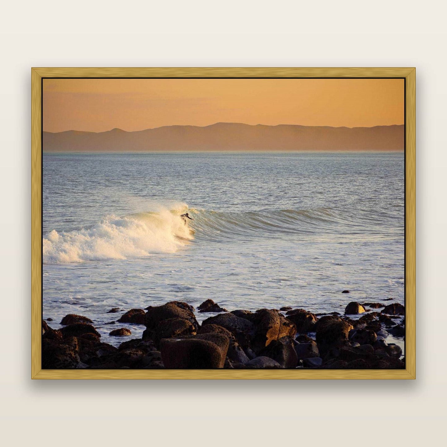Morning Ride, Raglan Waikato — framed metallic canvas print, Antique Gold frame. New Zealand fine art landscape wall art by Stephen Milner.