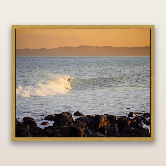 Morning Ride, Raglan Waikato — framed metallic canvas print, Antique Gold frame. New Zealand fine art landscape wall art by Stephen Milner.