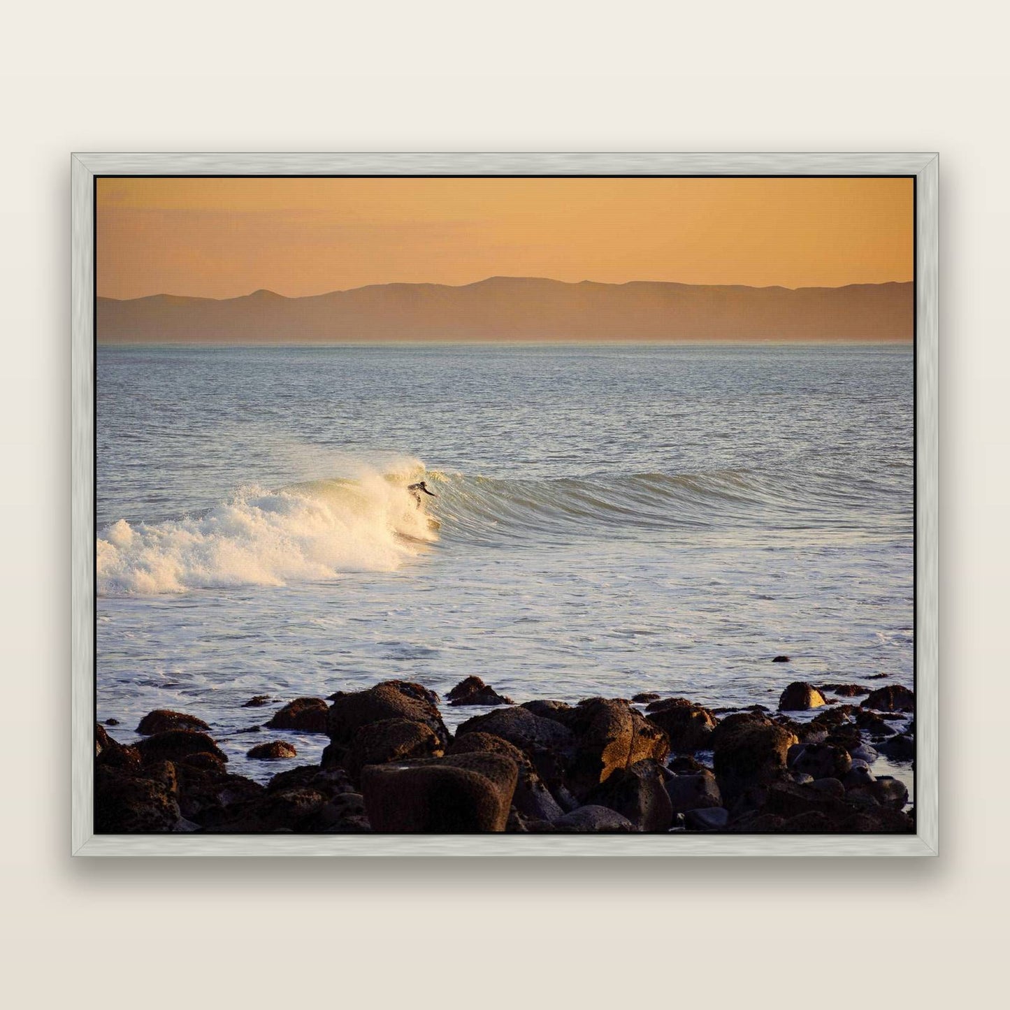 Morning Ride, Raglan Waikato — framed metallic canvas print, Antique Silver frame. New Zealand fine art landscape wall art by Stephen Milner.