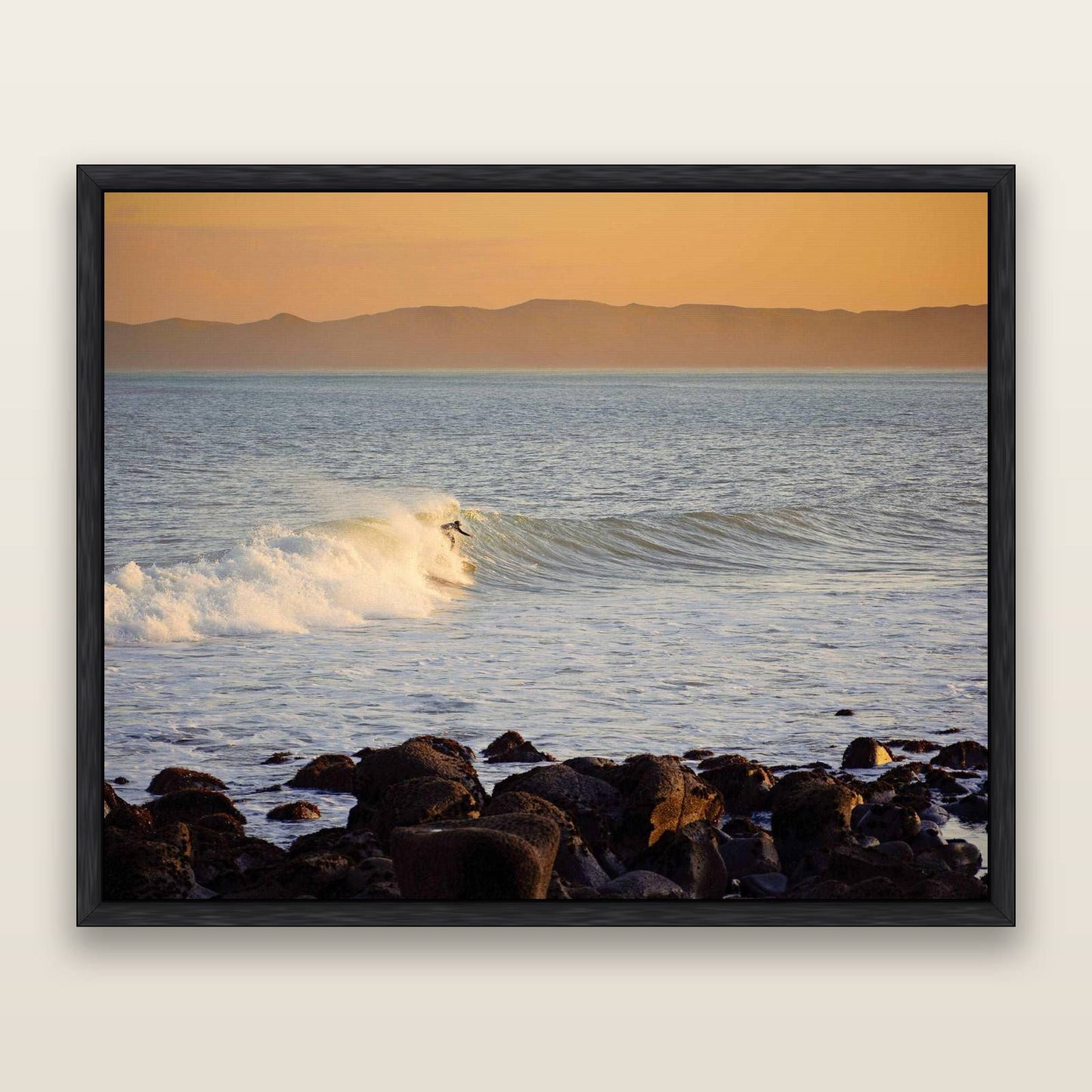 Morning Ride, Raglan Waikato — framed metallic canvas print, Black frame. New Zealand fine art landscape wall art by Stephen Milner.