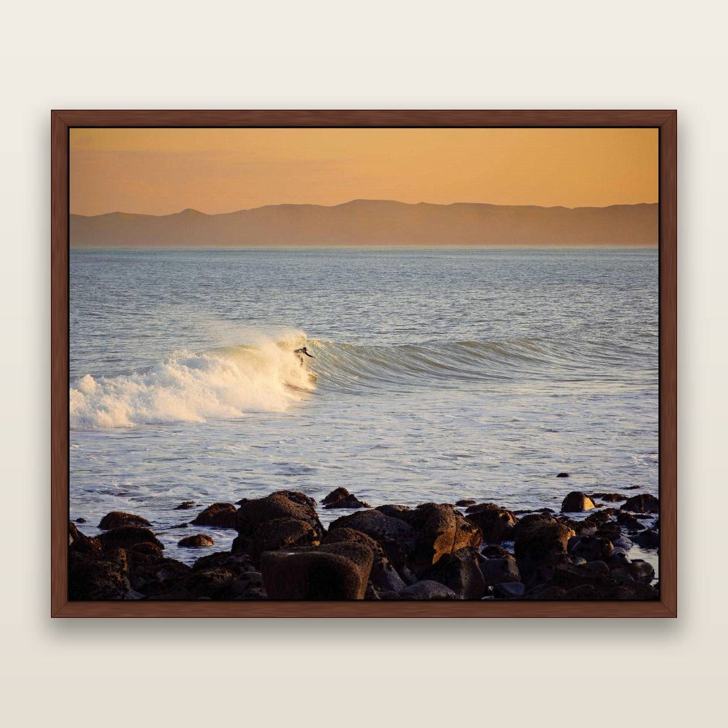 Morning Ride, Raglan Waikato — framed metallic canvas print, Brown frame. New Zealand fine art landscape wall art by Stephen Milner.
