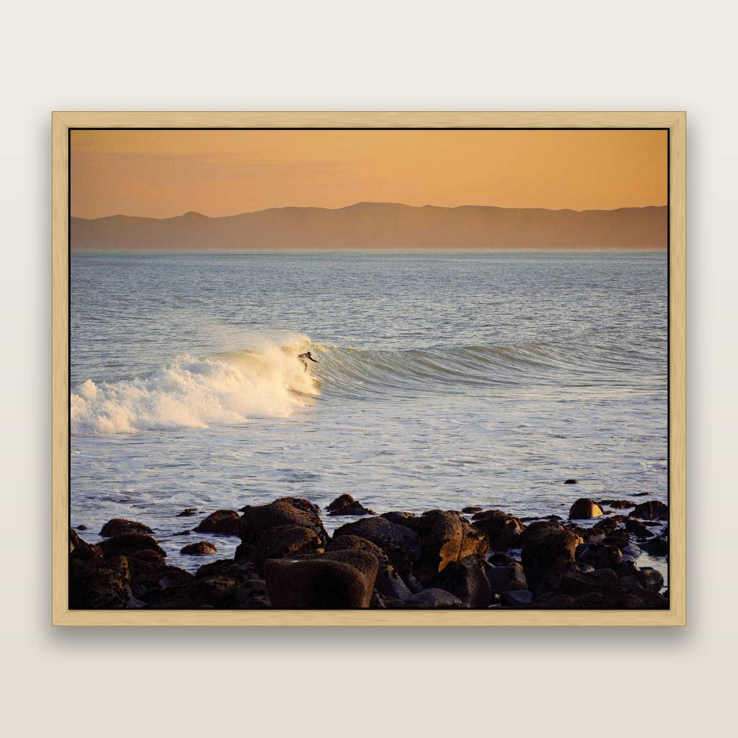 Morning Ride, Raglan Waikato — framed metallic canvas print, Natural frame. New Zealand fine art landscape wall art by Stephen Milner.