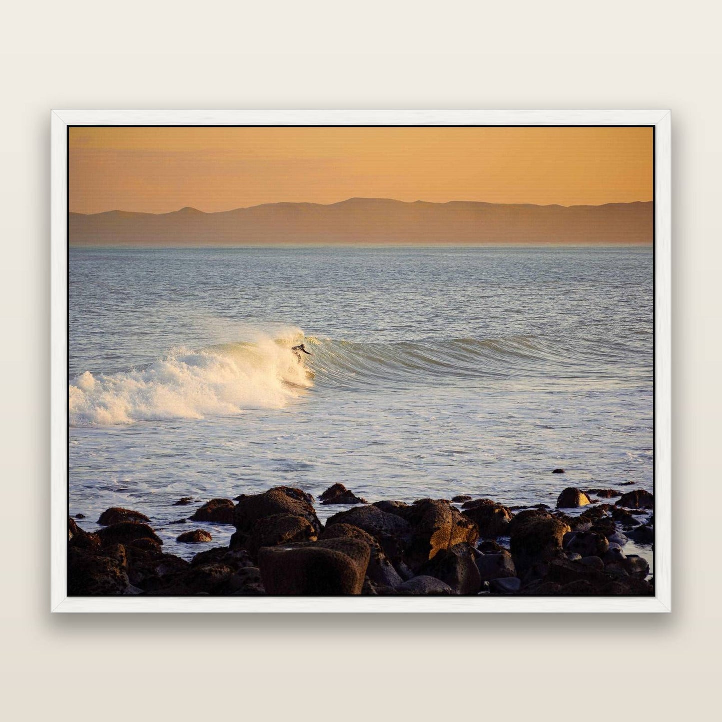 Morning Ride, Raglan Waikato — framed metallic canvas print, White frame. New Zealand fine art landscape wall art by Stephen Milner.