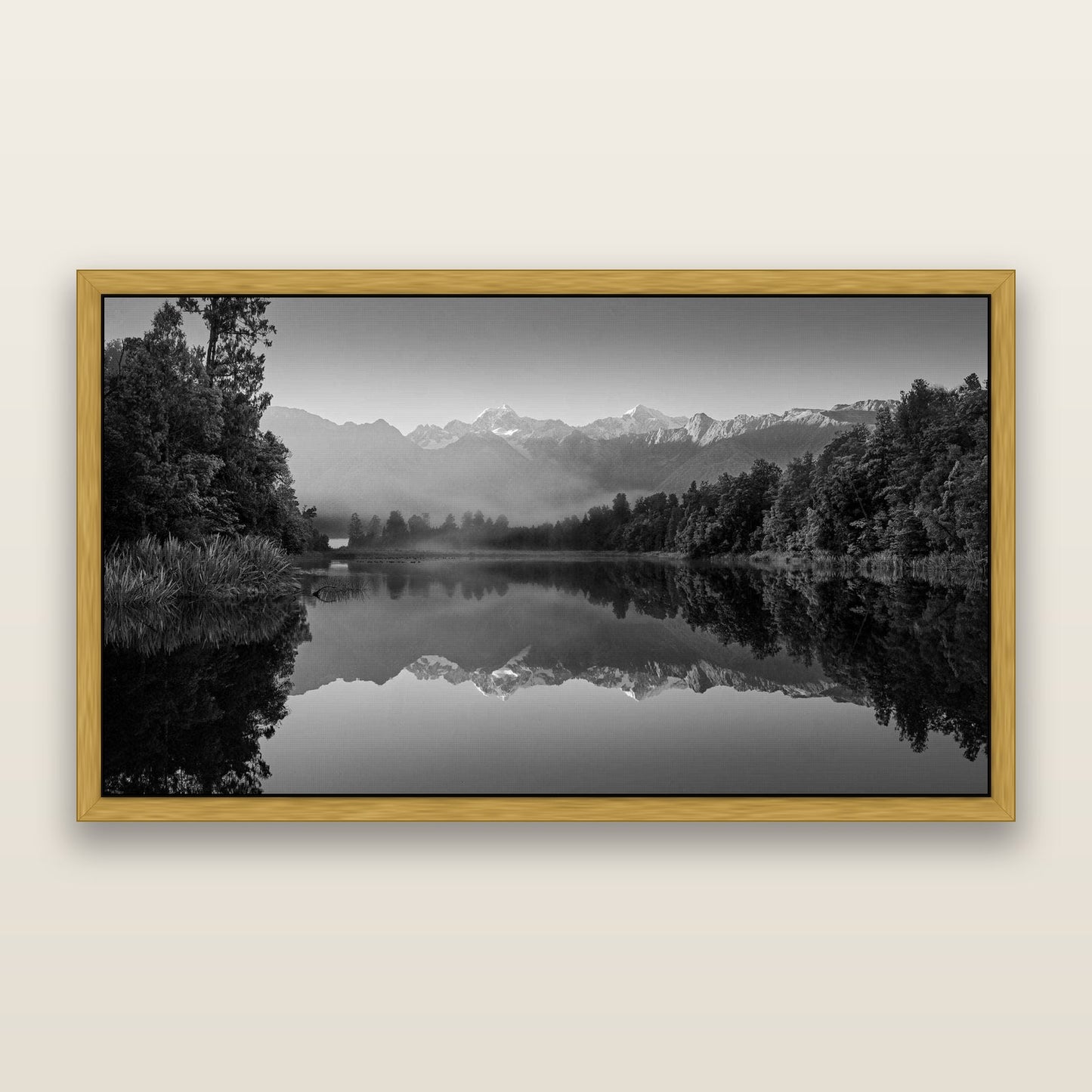 Mountain Majesty, West Coast — framed metallic canvas print, Antique Gold frame. New Zealand fine art landscape wall art by Stephen Milner.