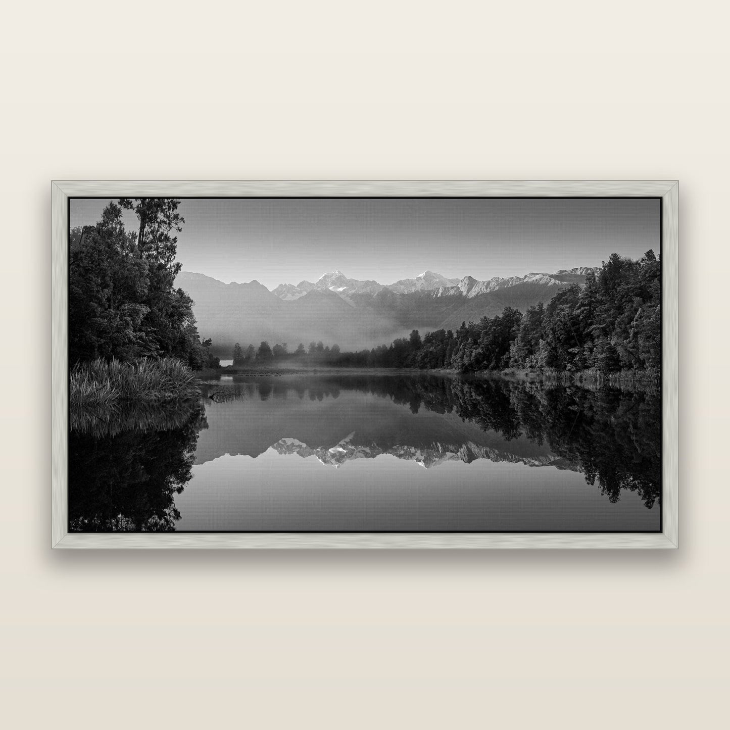 Mountain Majesty, West Coast — framed metallic canvas print, Antique Silver frame. New Zealand fine art landscape wall art by Stephen Milner.