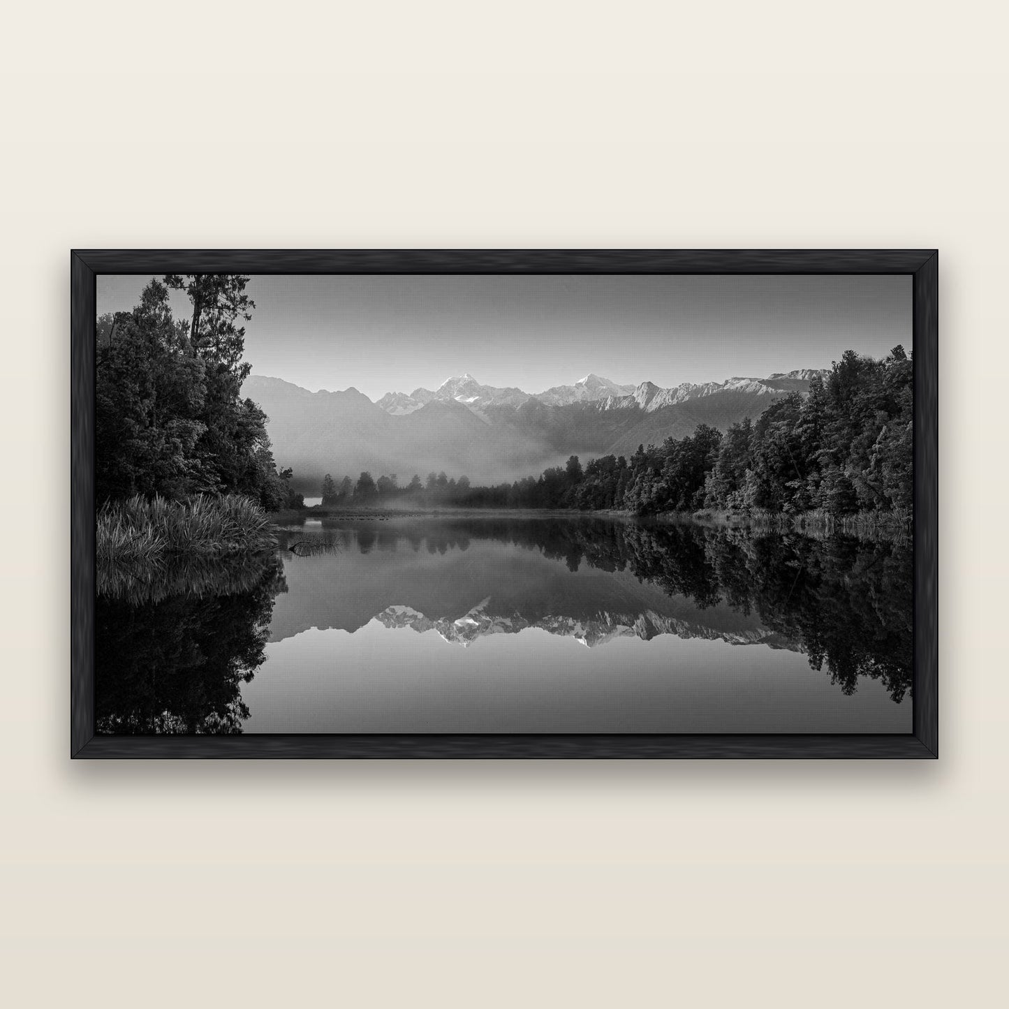 Mountain Majesty, West Coast — framed metallic canvas print, Black frame. New Zealand fine art landscape wall art by Stephen Milner.