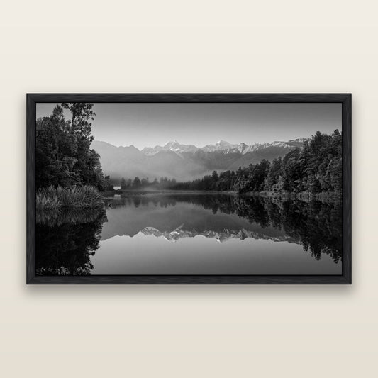 Mountain Majesty, West Coast — framed metallic canvas print, Black frame. New Zealand fine art landscape wall art by Stephen Milner.