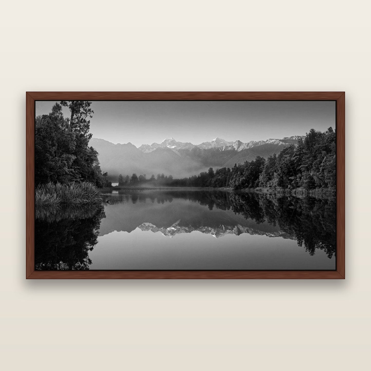 Mountain Majesty, West Coast — framed metallic canvas print, Brown frame. New Zealand fine art landscape wall art by Stephen Milner.