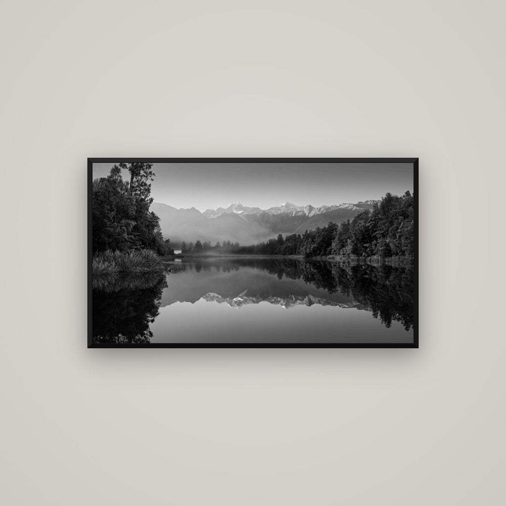 Mountain Majesty, West Coast — Basel Black Matte, 107×60 cm. New Zealand fine art wall art by Stephen Milner.