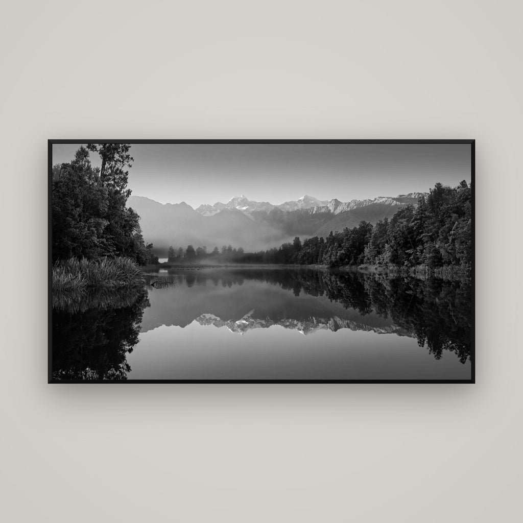 Mountain Majesty, West Coast — Basel Black Matte, 160×90 cm. New Zealand fine art wall art by Stephen Milner.