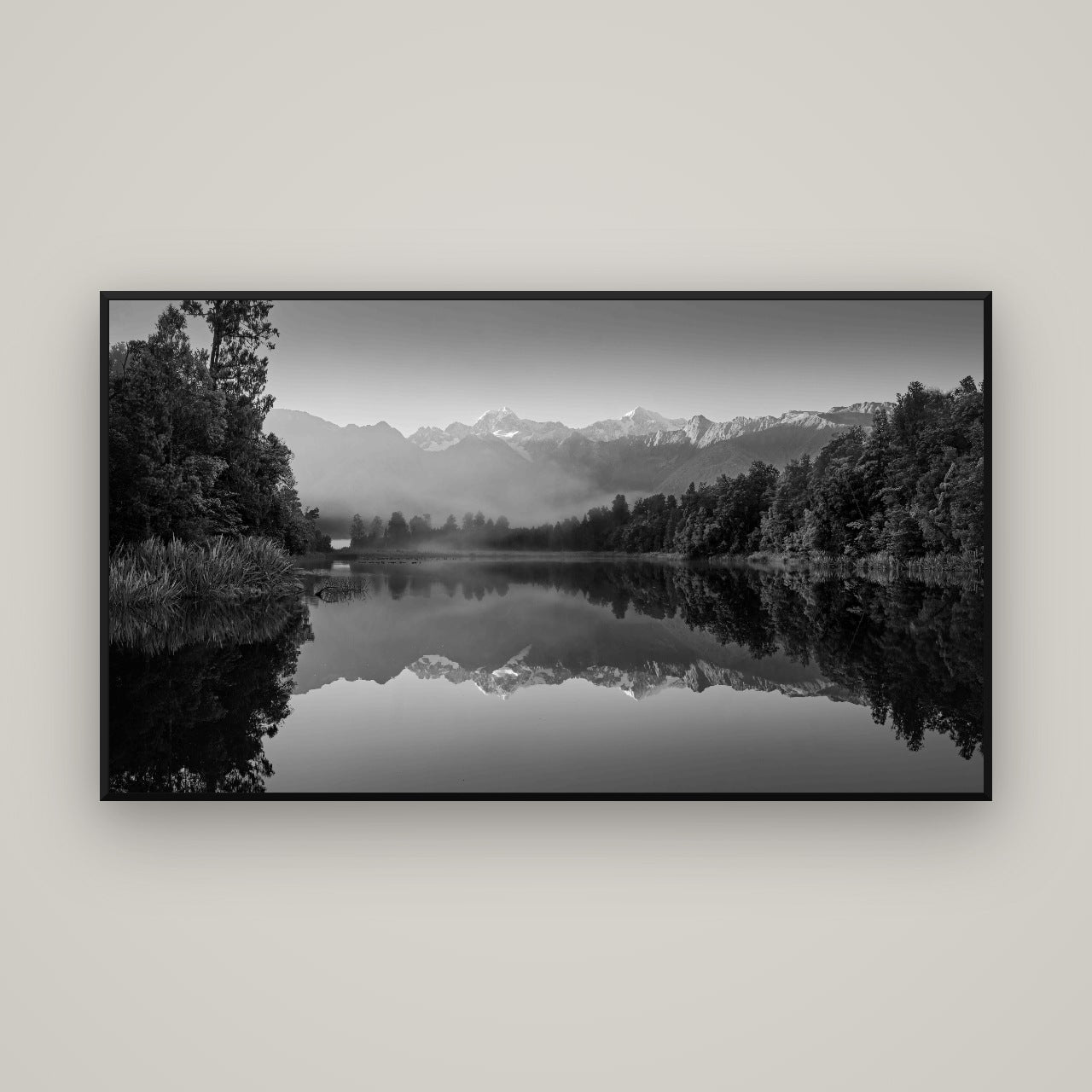 Mountain Majesty, West Coast — Basel Black, 160×90 cm. New Zealand fine art wall art by Stephen Milner.