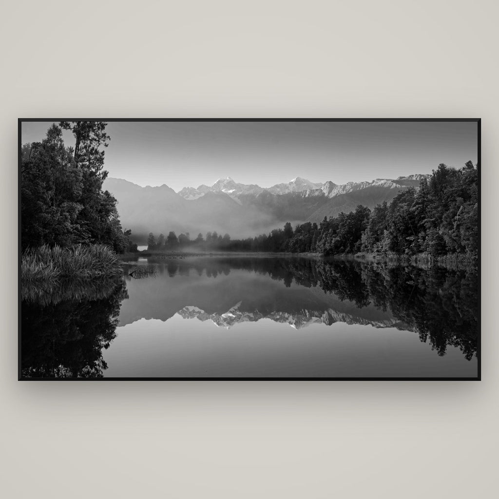 Mountain Majesty, West Coast — Basel Black Matte, 196×110 cm. New Zealand fine art wall art by Stephen Milner.