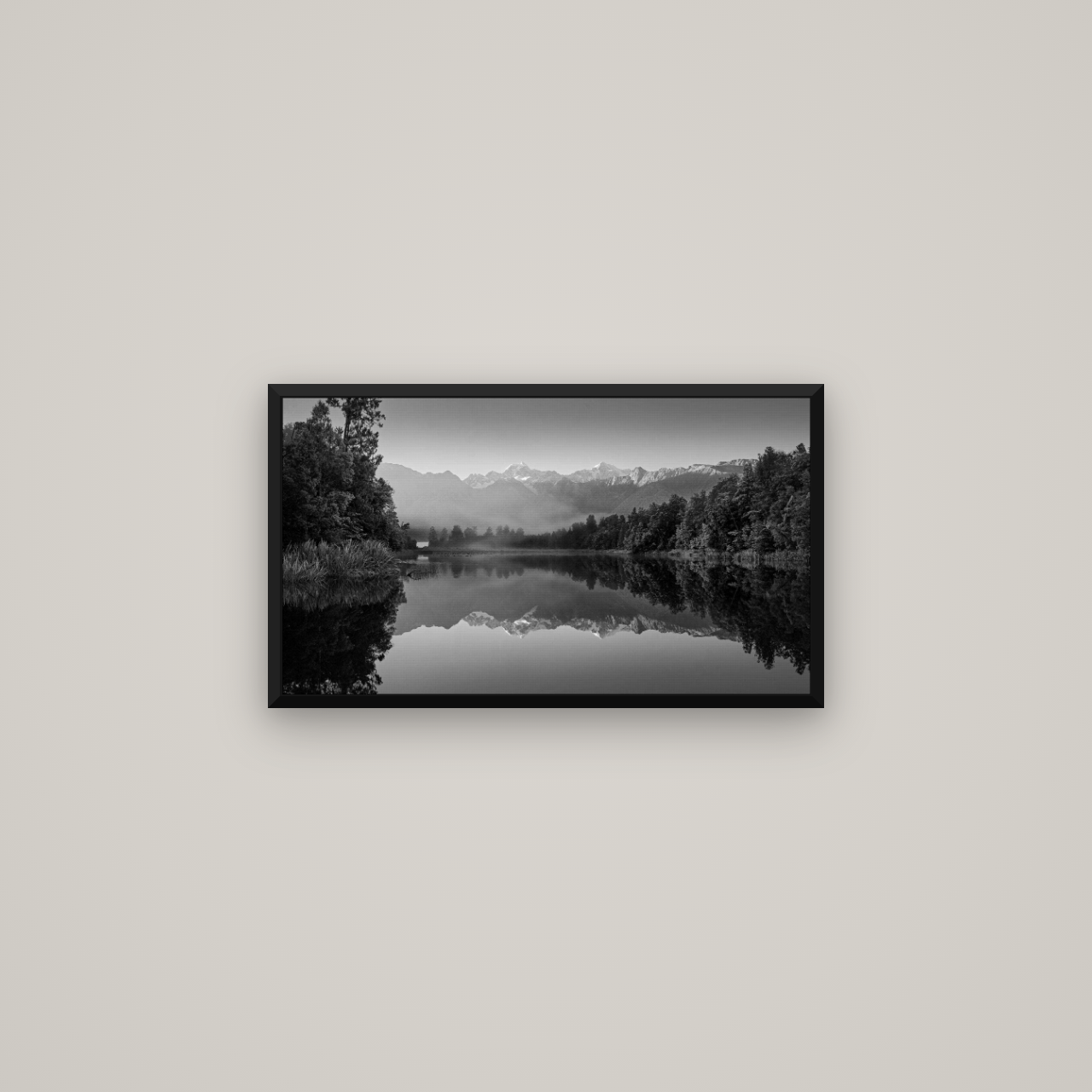 Mountain Majesty, West Coast — Basel Black Matte, 64×36 cm. New Zealand fine art wall art by Stephen Milner.