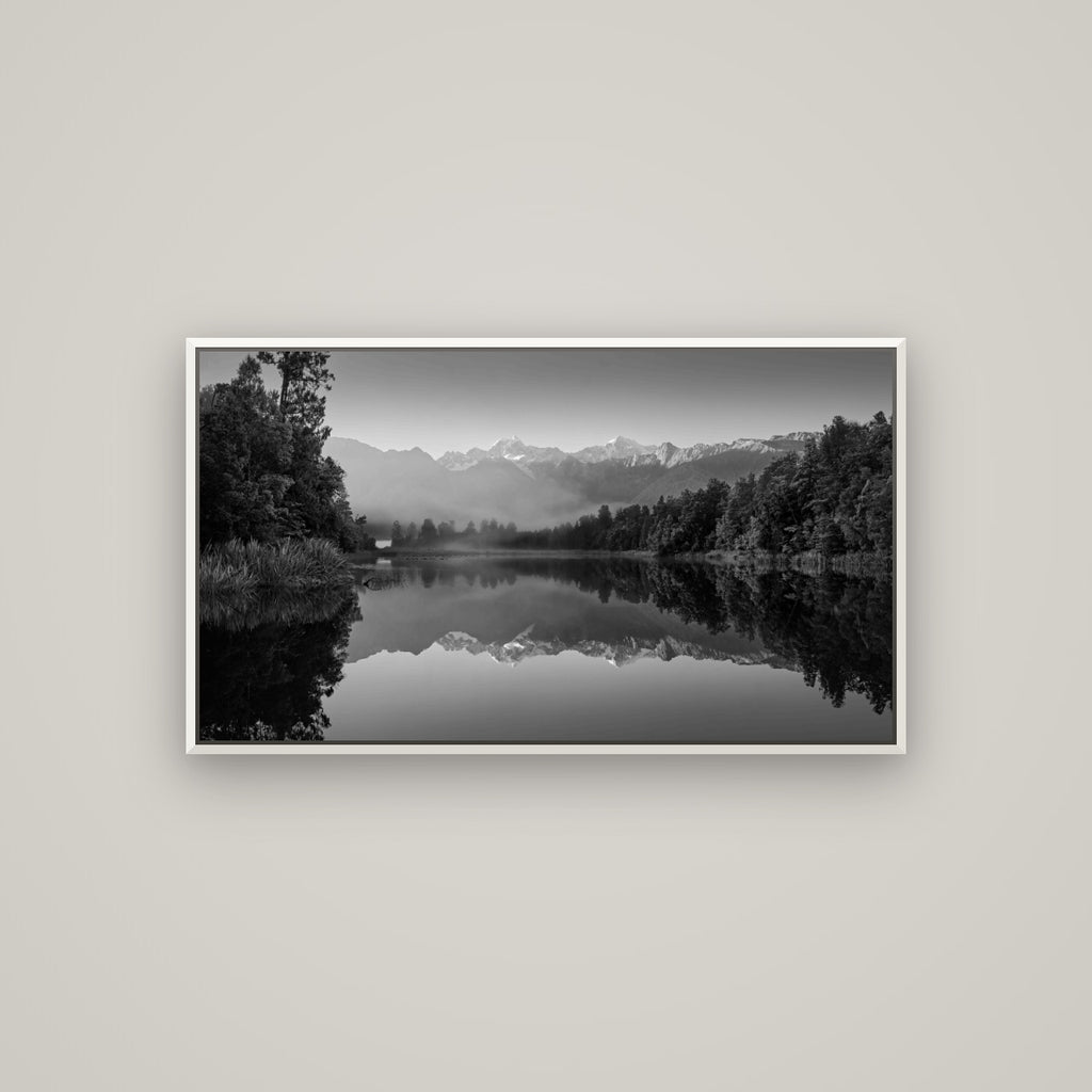 Mountain Majesty, West Coast — Basel White, 107×60 cm. New Zealand fine art wall art by Stephen Milner.