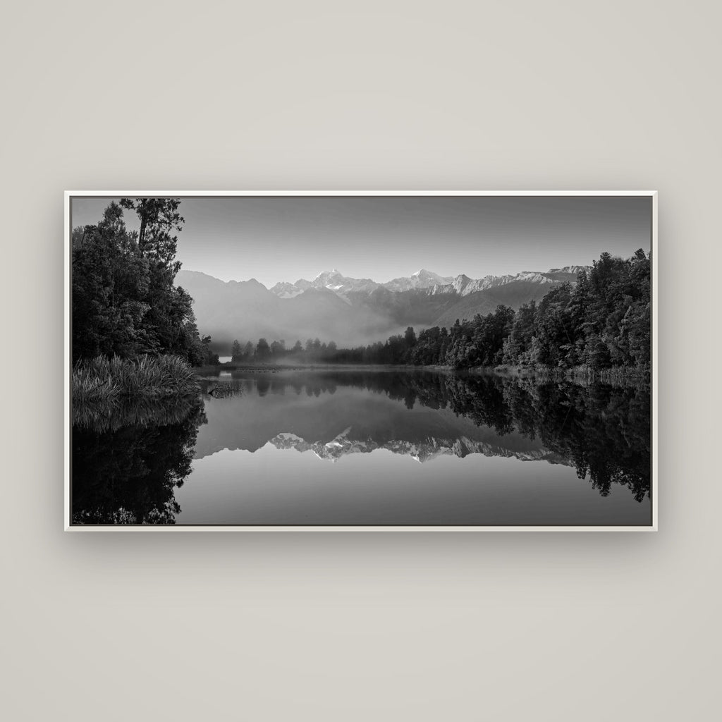Mountain Majesty, West Coast — Basel White, 160×90 cm. New Zealand fine art wall art by Stephen Milner.