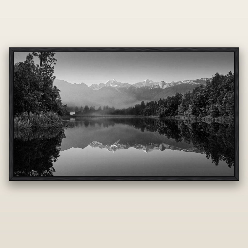 Mountain Majesty, West Coast — black float frame canvas, 200 × 130 cm. New Zealand fine art landscape wall art by Stephen Milner.