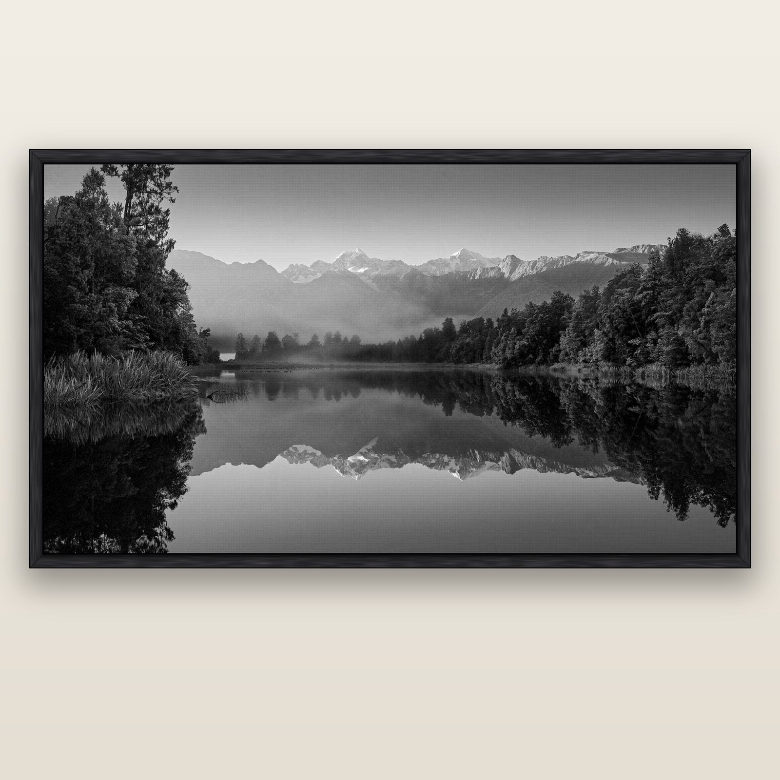 Mountain Majesty, West Coast — black float frame canvas, 200 × 130 cm. New Zealand fine art landscape wall art by Stephen Milner.
